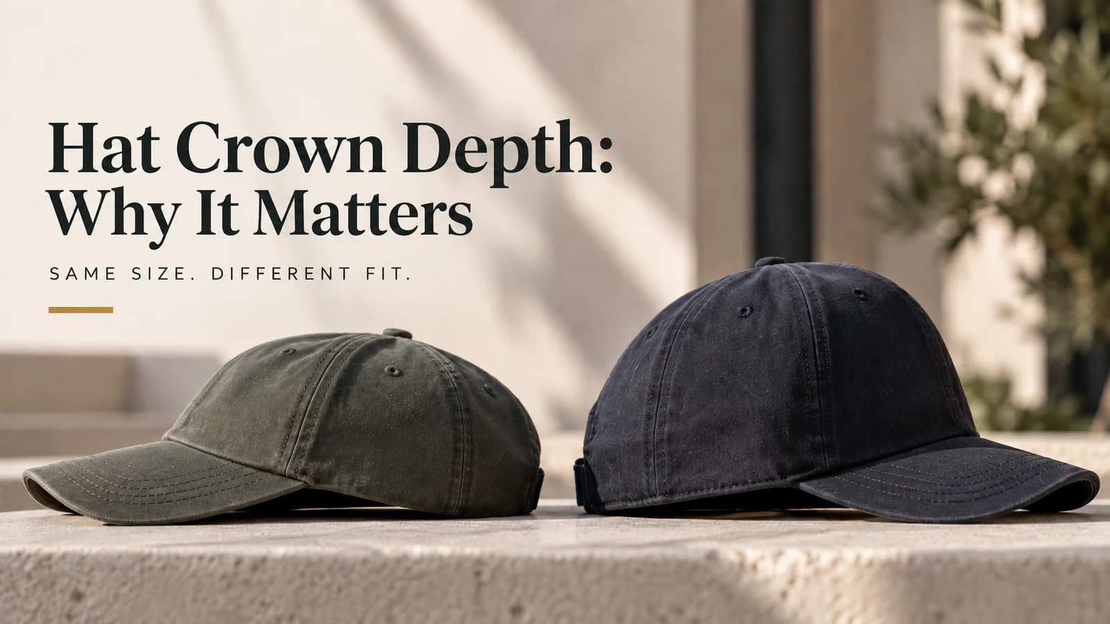 Two baseball caps with different crown depths showing how the same hat size can sit differently.