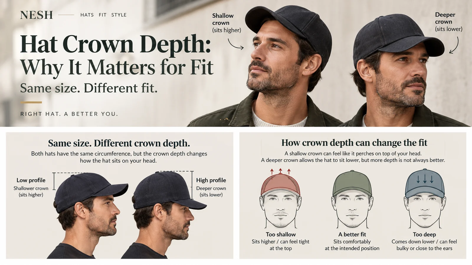 Comparison showing the same hat size with shallow, balanced and deeper crown fits.