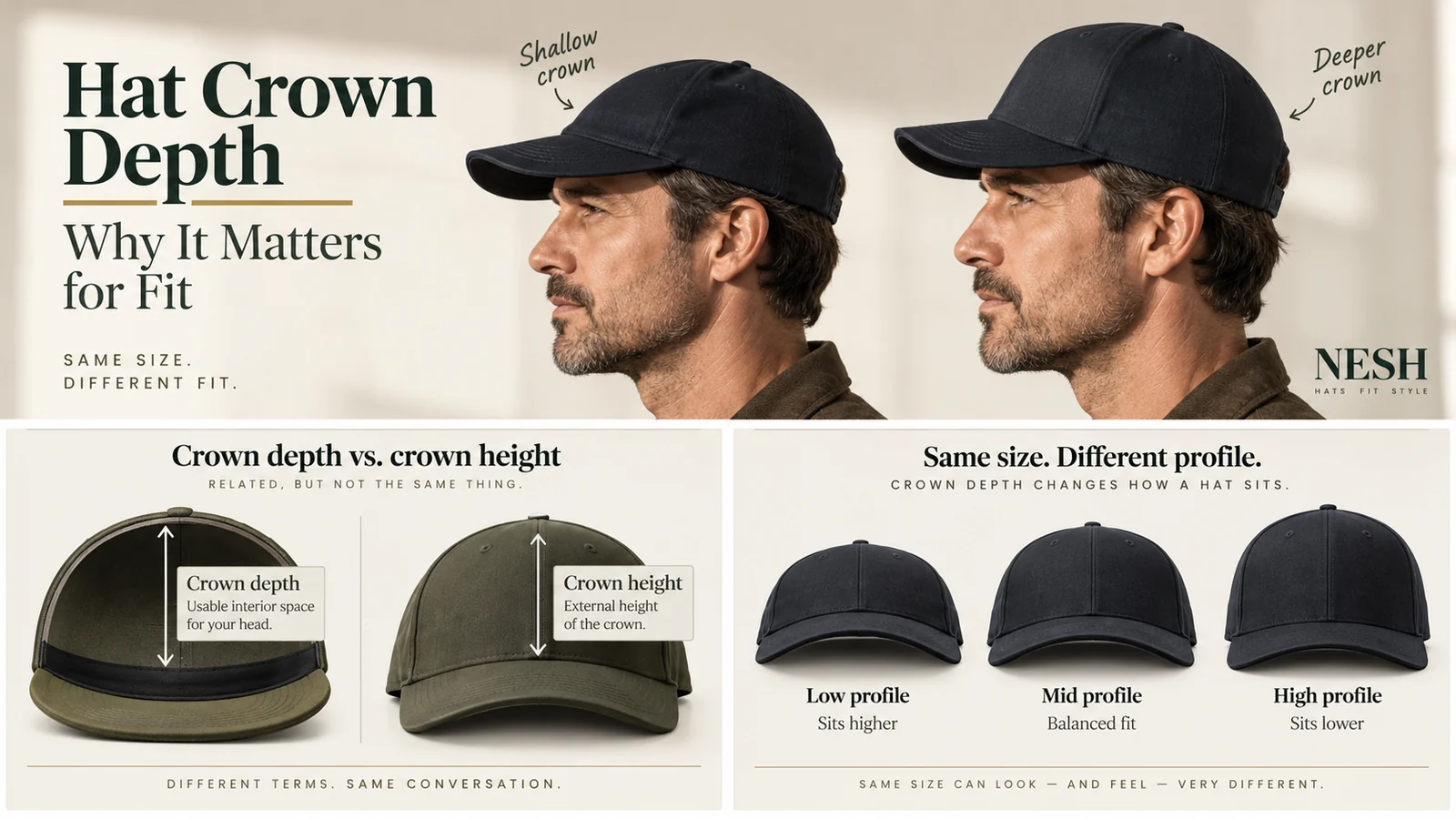 Diagram comparing crown depth with crown height and low, mid and high hat profiles.