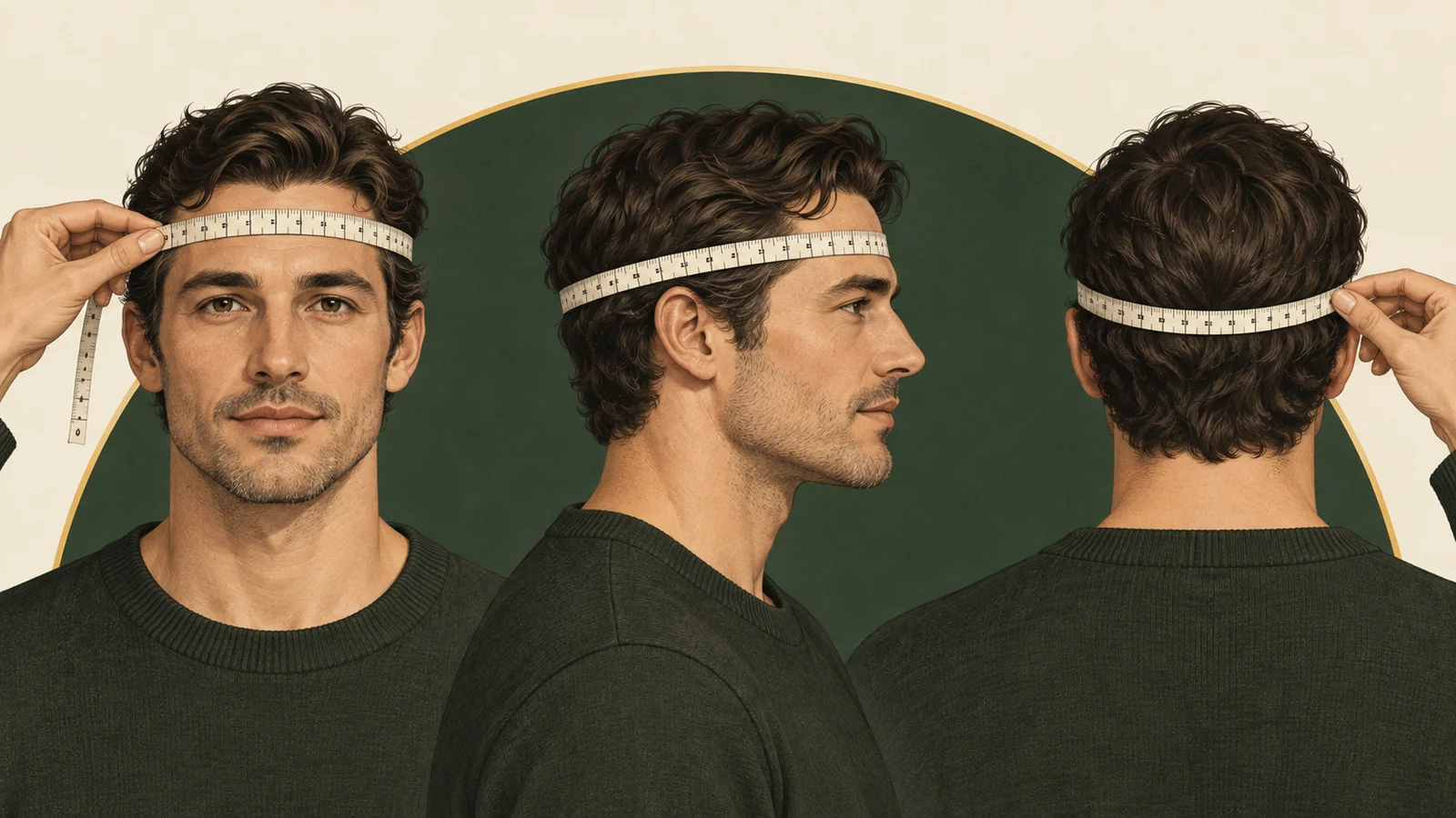 Man shown from front, side and back with a measuring tape around the correct hat line above the ears