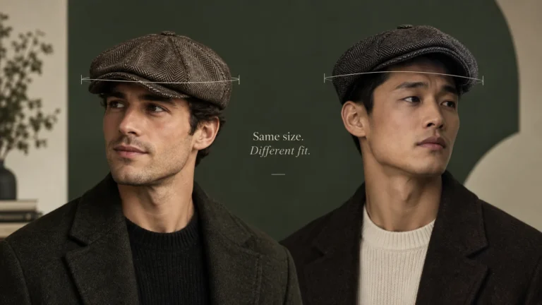 Two men wearing similar newsboy caps illustrating how the same hat size can fit differently.