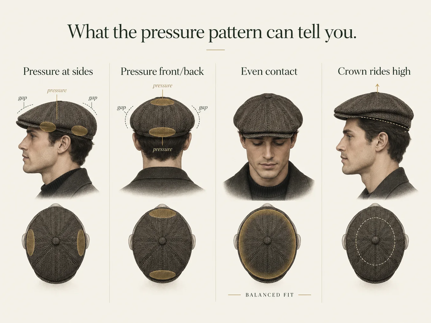 Diagram showing hat fit pressure at the sides, front and back, even contact, and a crown that rides high.
